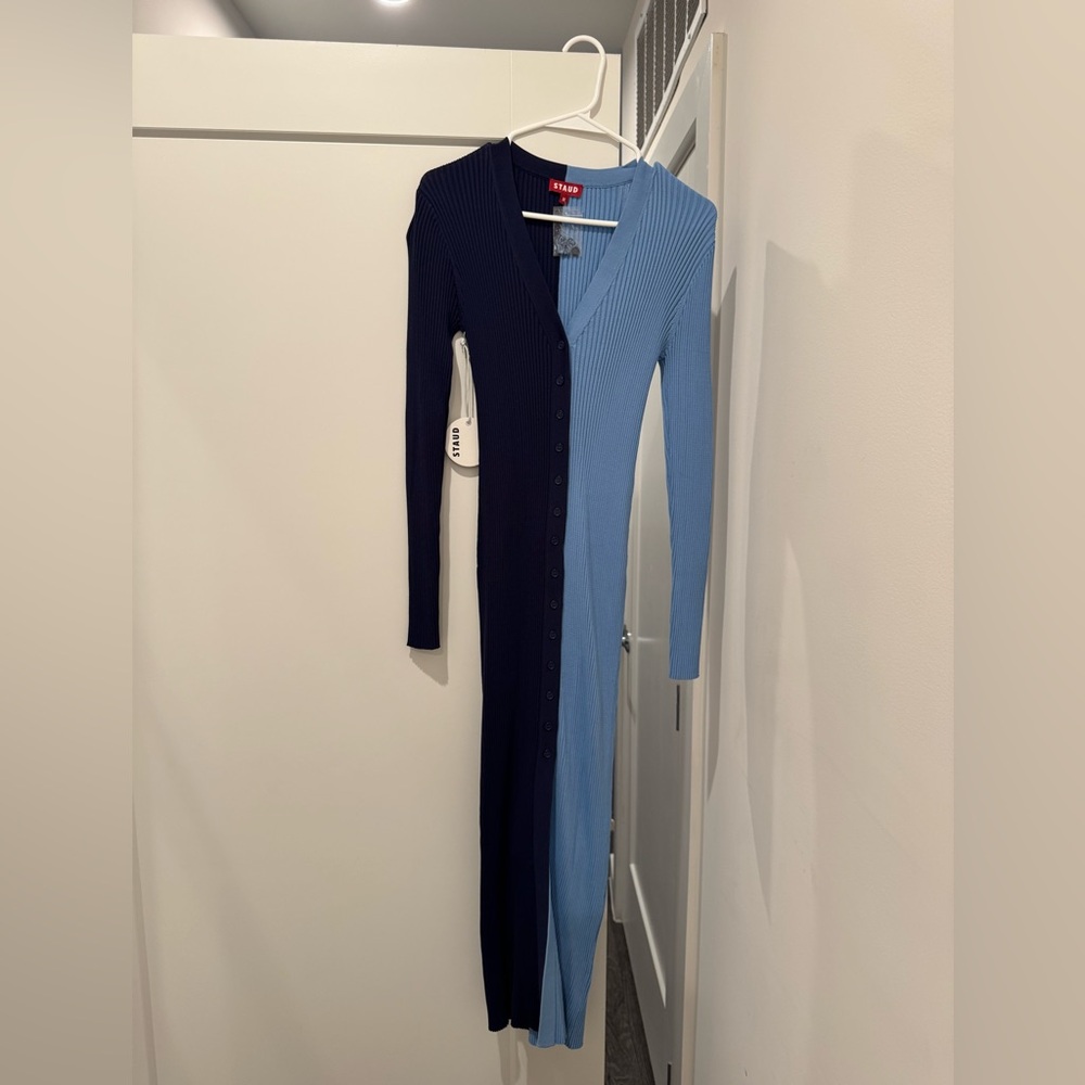 STAUD Navy and Light Blue V Neck Long Sleeve Ribbed Knit Dress